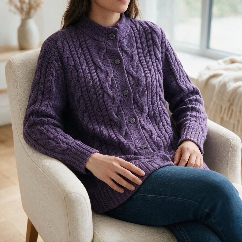 VTG 90s LL Bean Purple Cable Knit Fisherman Sweater Cabin Core XL Pet Cotton